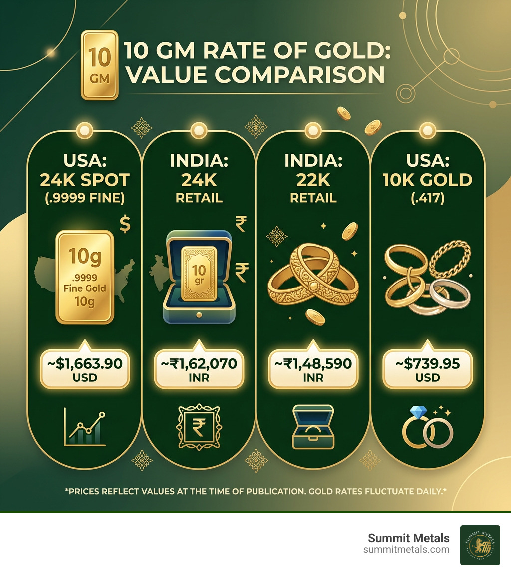 Infographic showing 10 gram gold value: spot price, purity tiers, USD and INR rates comparison - 10 gm rate of gold