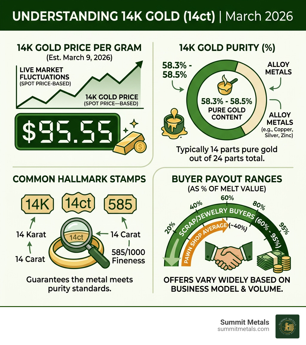 Infographic showing 14K gold price per gram, purity percentage, hallmark meaning, and buyer payout ranges - 14ct gold price