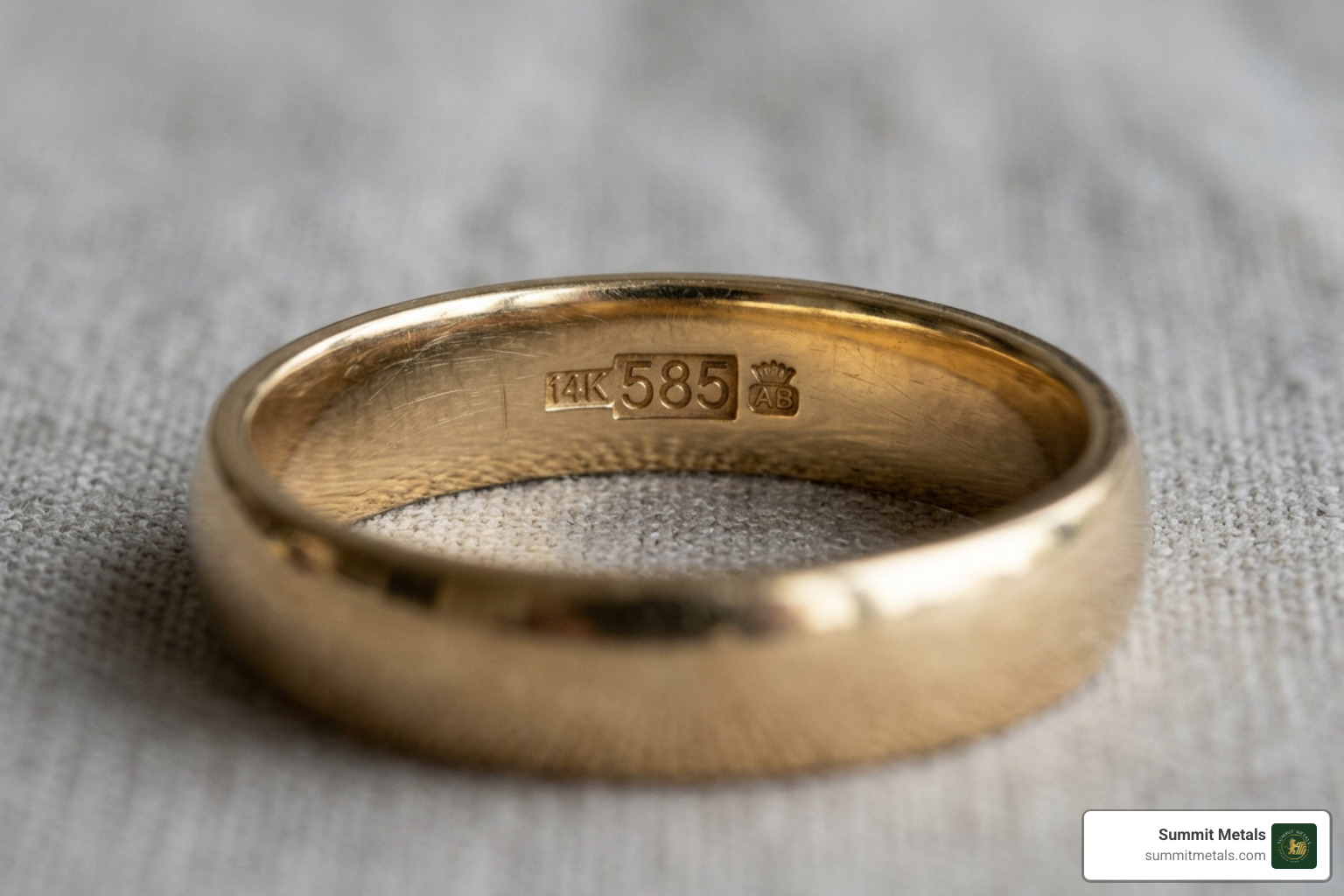A close-up of a 14K gold ring showing the 585 hallmark stamp - 14ct gold price per gram today