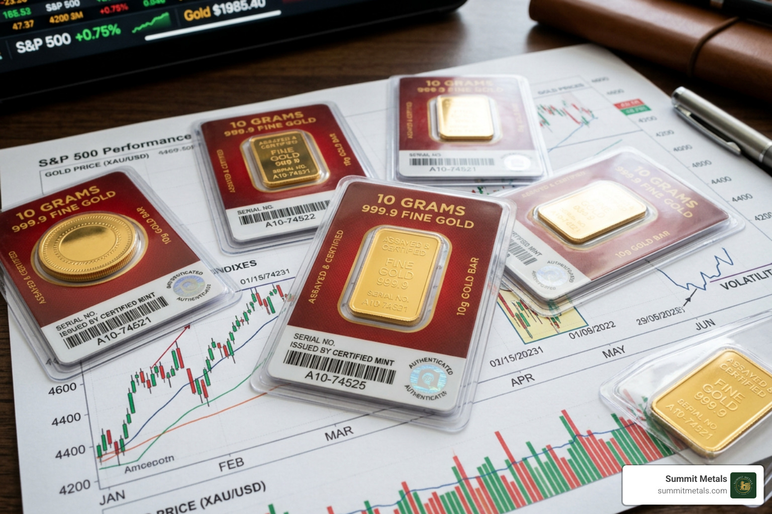 10 gram gold coins and assay card on financial charts - 10 gm rate of gold