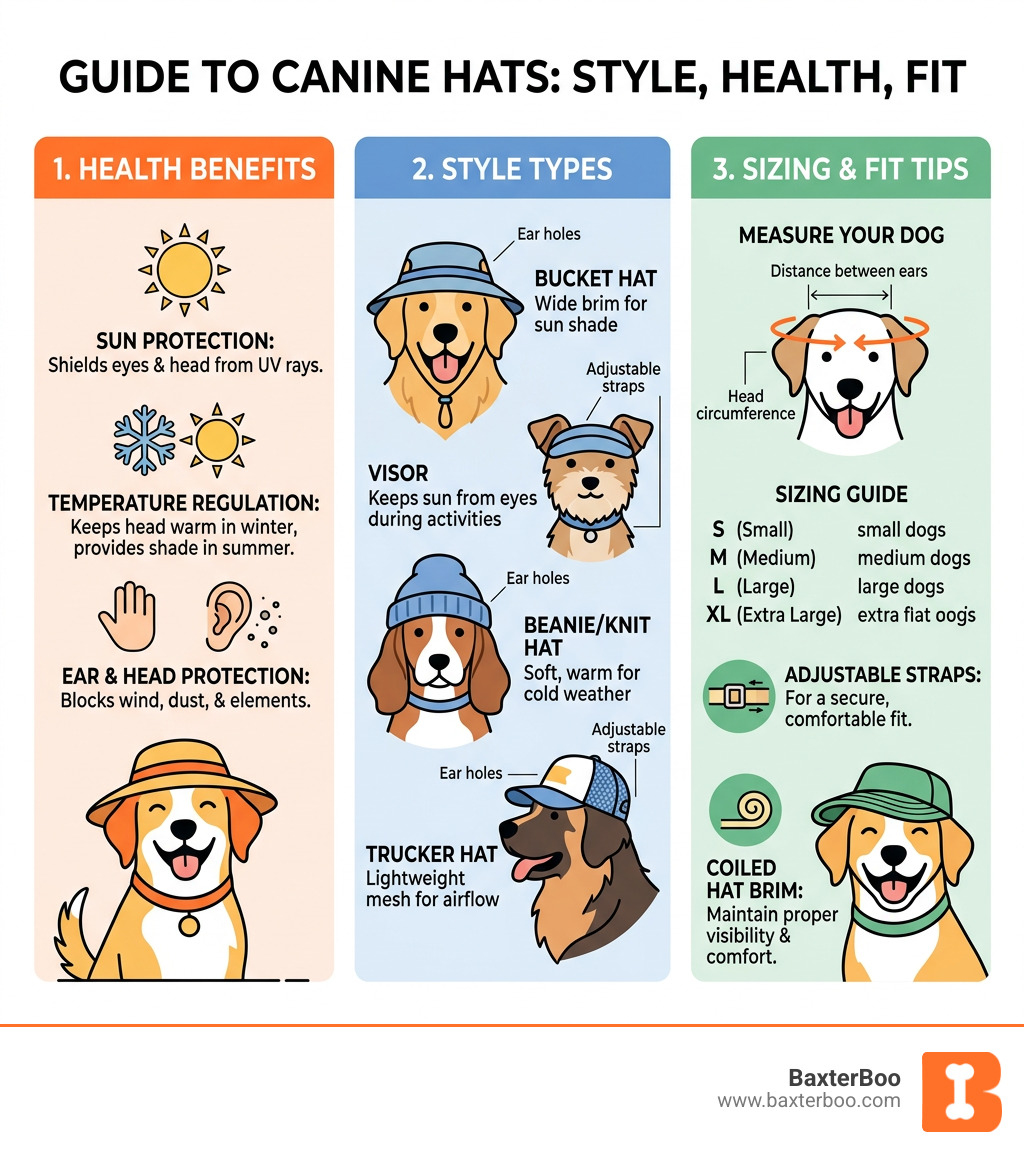Infographic showing health benefits, style types, and sizing tips for canine hats - canine hats infographic Infographic showing health benefits, style types, and sizing tips for canine hats - canine hats infographic