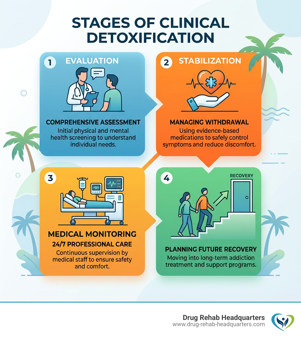 Infographic showing stages of clinical detoxification: evaluation, stabilization, medical monitoring, transition to