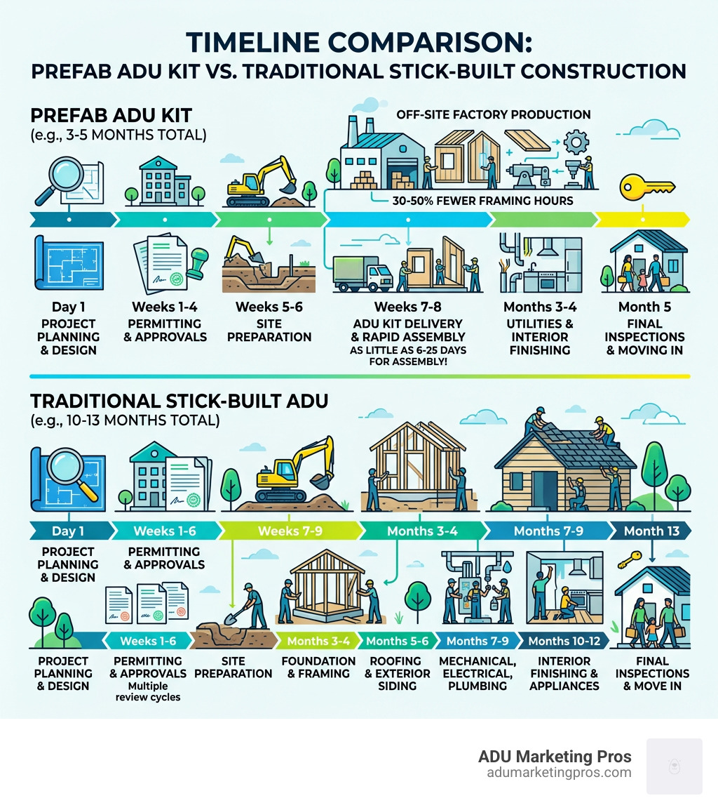 Timeline comparison infographic: prefab ADU kit vs. traditional stick-built ADU construction - Prefab ADU kits infographic Timeline comparison infographic: prefab ADU kit vs. traditional stick-built ADU construction - Prefab ADU kits infographic