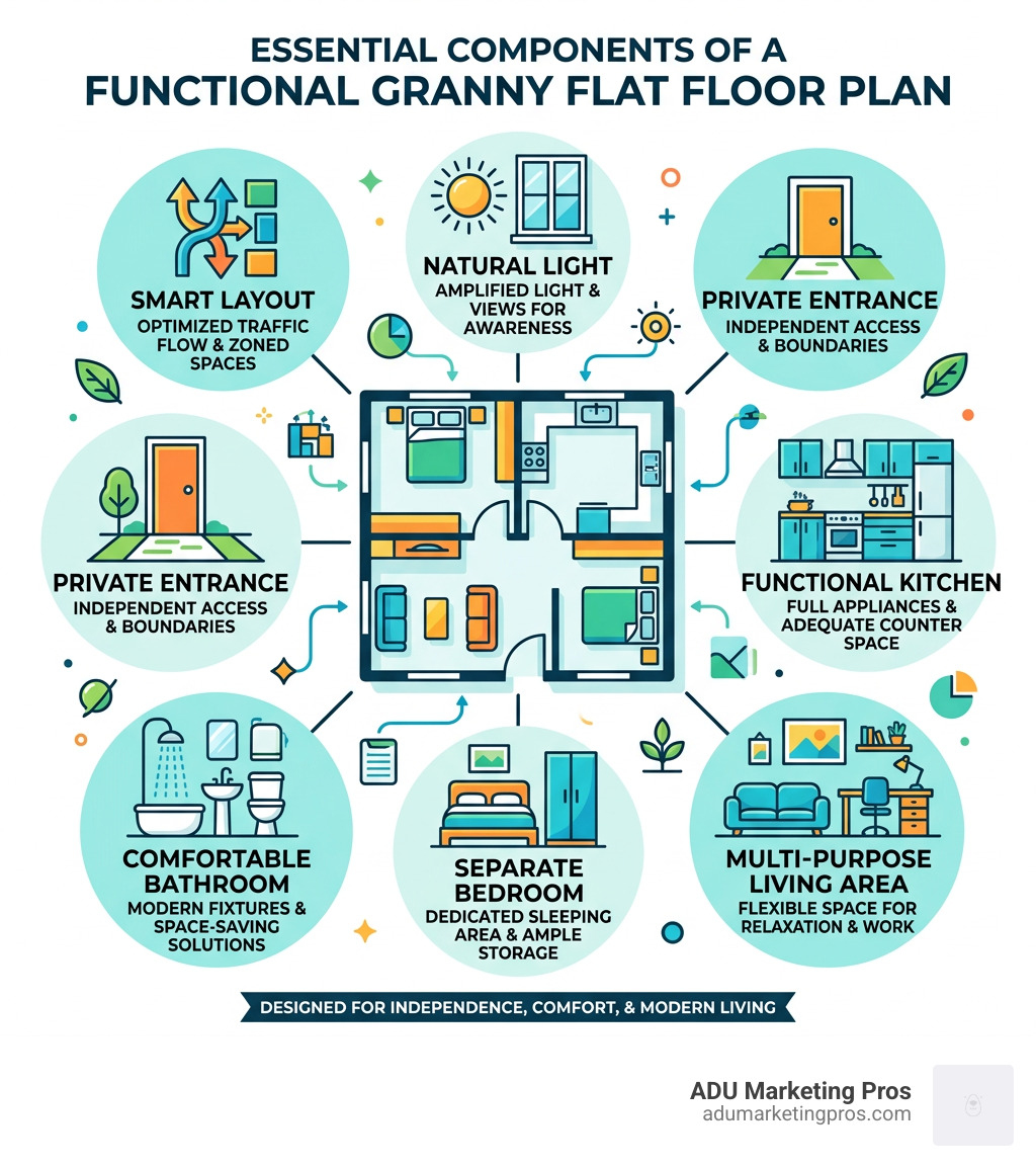 essential components of a functional granny flat floor plan infographic - best granny flat designs infographic 