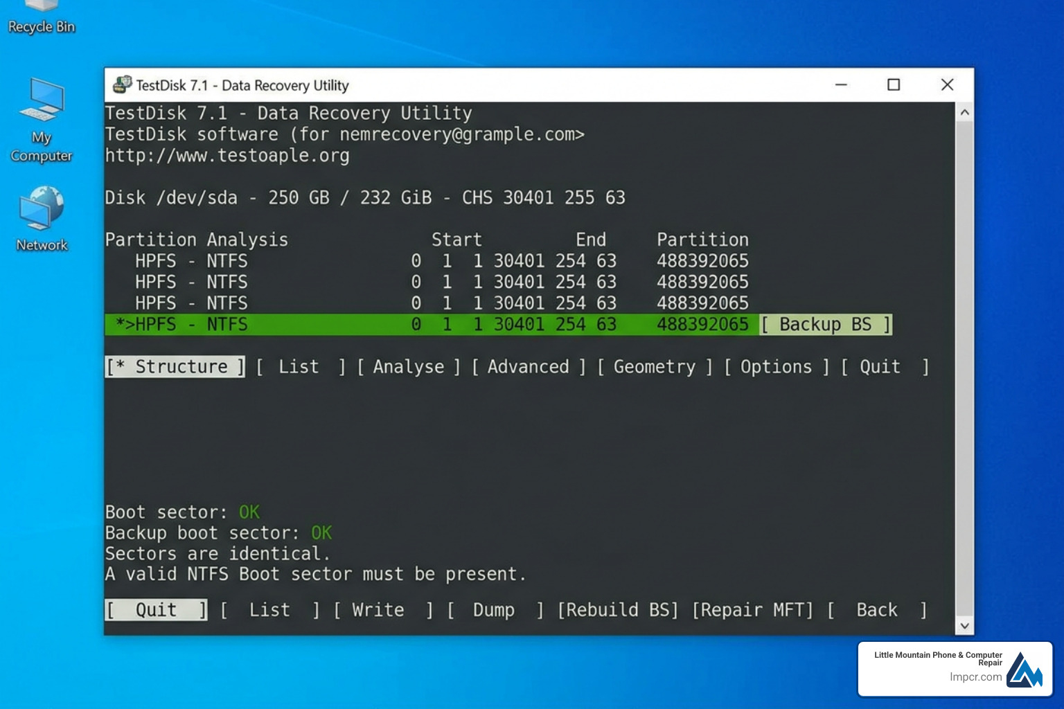 TestDisk interface showing partition analysis - ntfs data recovery