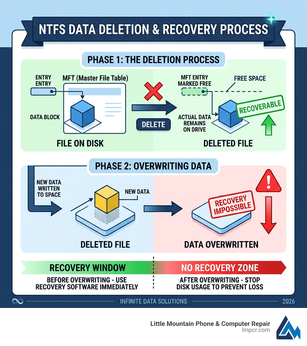 Infographic showing the NTFS deletion process and how data can be recovered before overwriting - ntfs data recovery