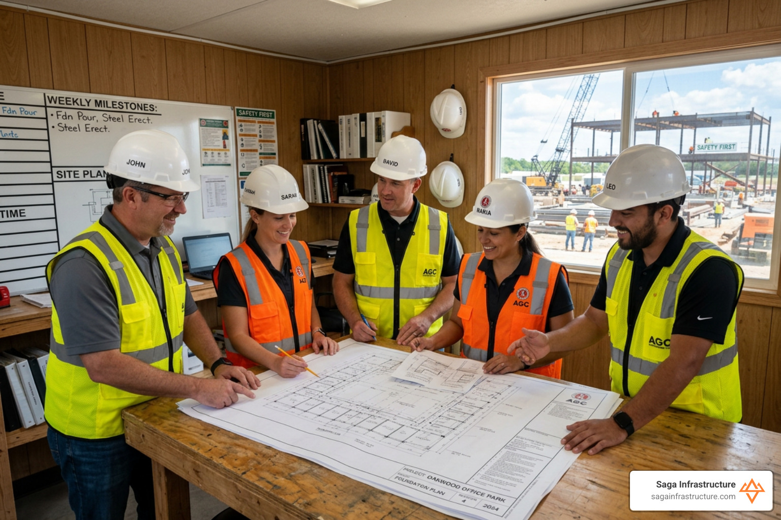 team of construction managers reviewing blueprints in a field office - construction management services