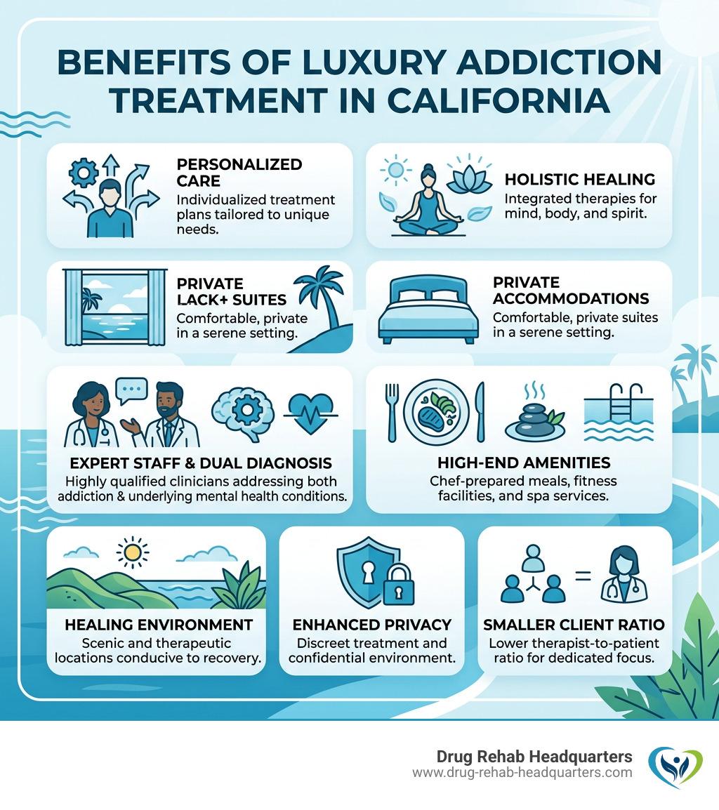 Benefits of luxury addiction treatment in California infographic - luxury drug rehab California infographic 