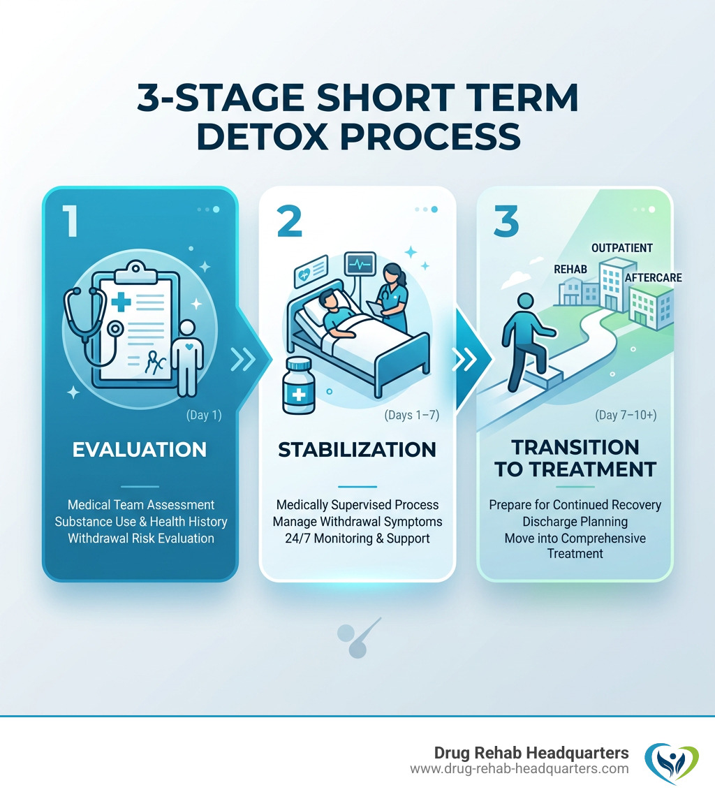 3-stage short term detox process: Evaluation, Stabilization, and Transition to treatment - short term detox infographic 