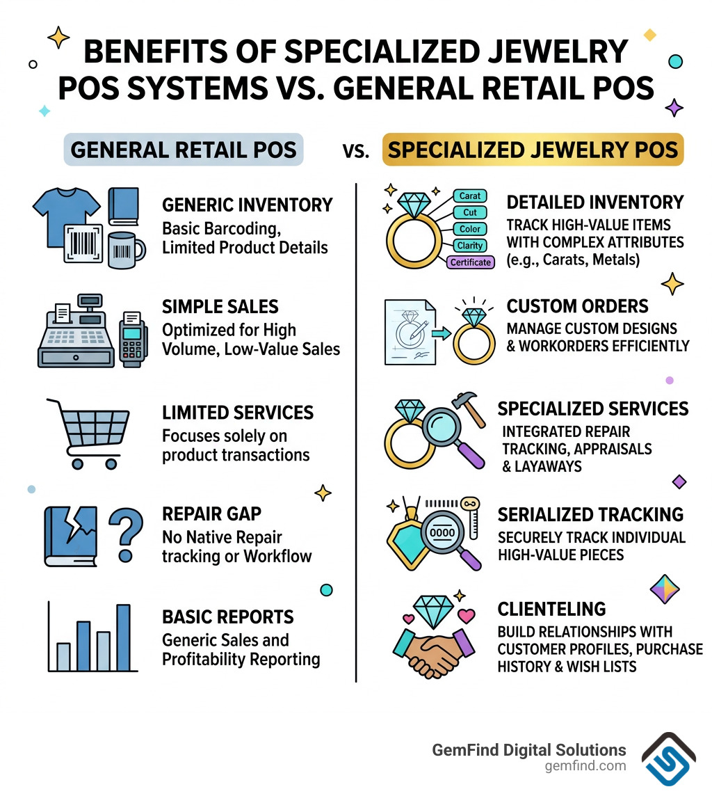 Benefits of specialized jewelry POS systems vs. general retail POS - jewelry store pos software infographic 