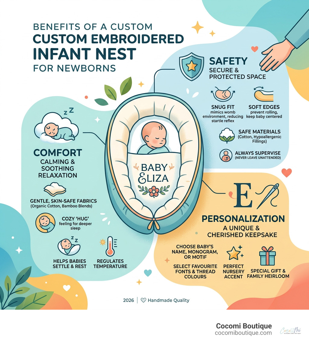 Benefits of a custom embroidered infant nest for newborns including safety, comfort, and personalization - custom Benefits of a custom embroidered infant nest for newborns including safety, comfort, and personalization - custom