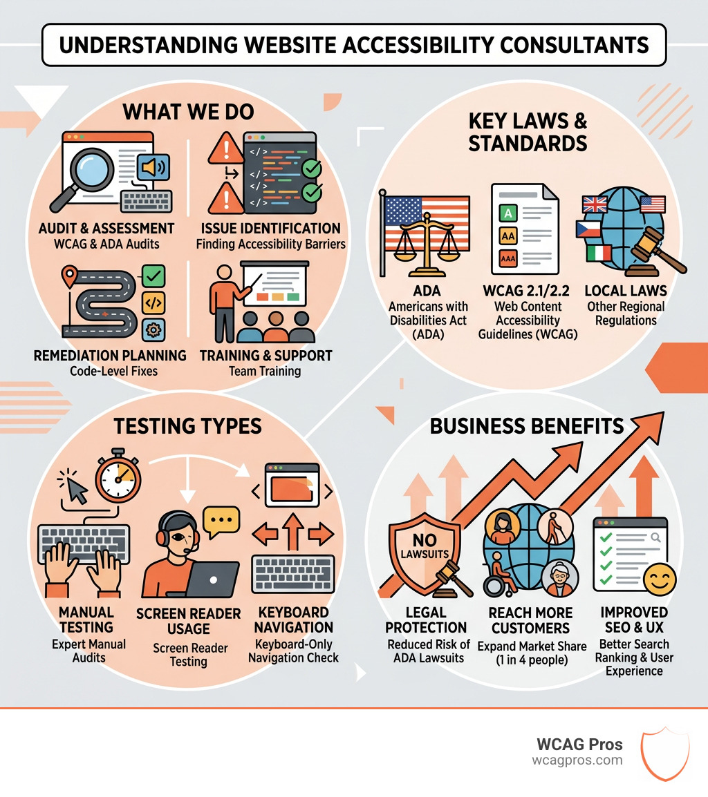 Infographic showing what a website accessibility consultant does, key laws, testing types, and business benefits - website Infographic showing what a website accessibility consultant does, key laws, testing types, and business benefits - website