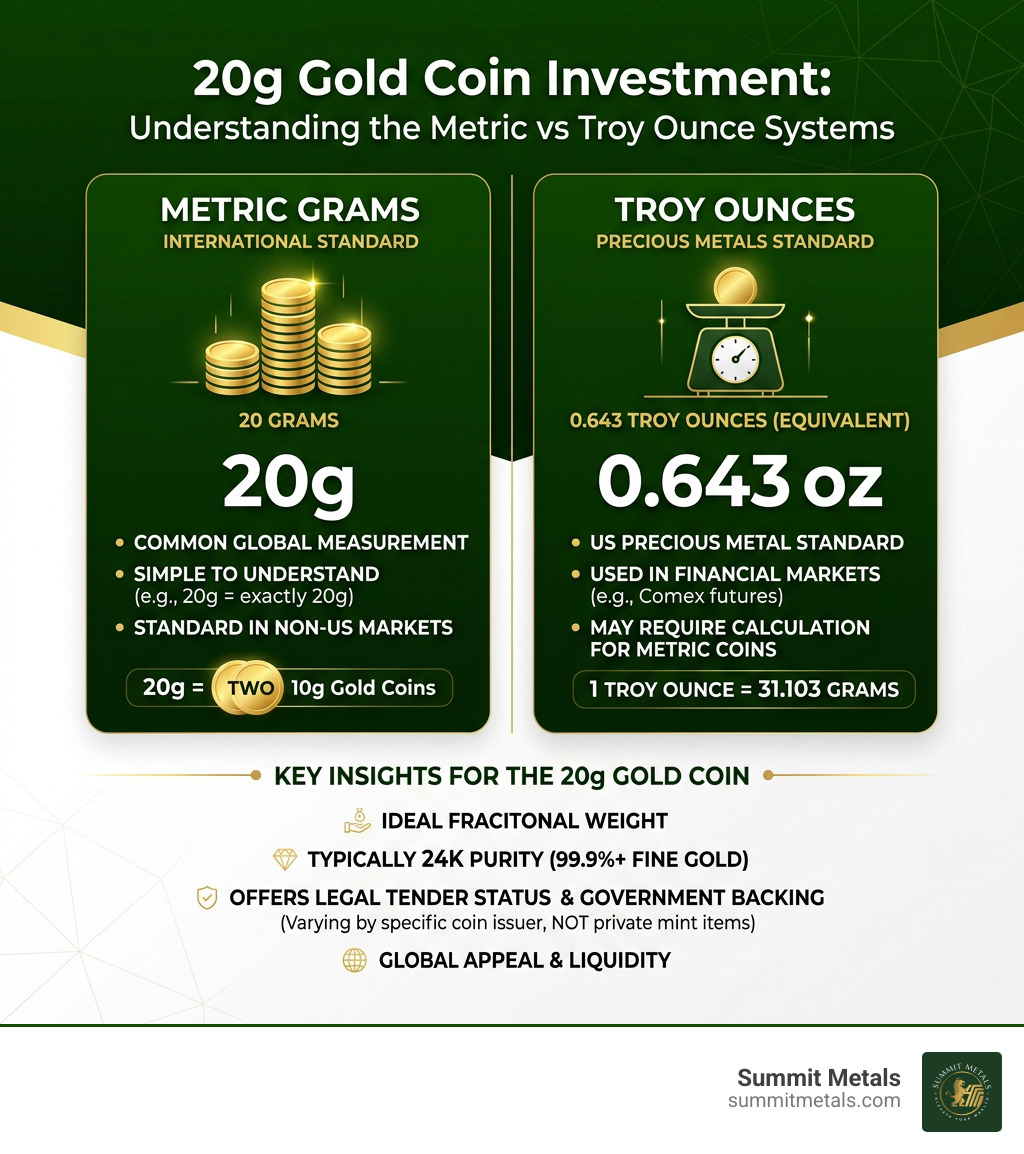 Infographic comparing metric grams vs troy ounces for 20g gold coin investment - gold coin 20 gm infographic 