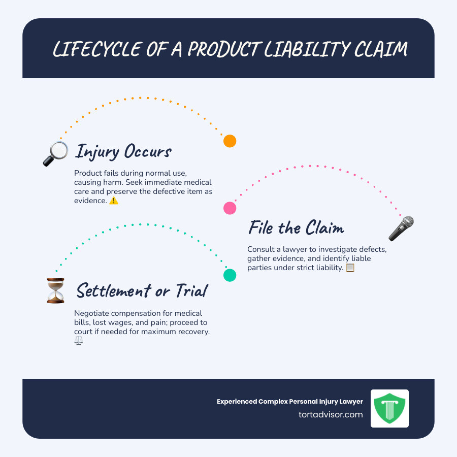 Lifecycle of a product liability claim from injury to settlement infographic - defective product injury lawyer infographic Lifecycle of a product liability claim from injury to settlement infographic - defective product injury lawyer infographic
