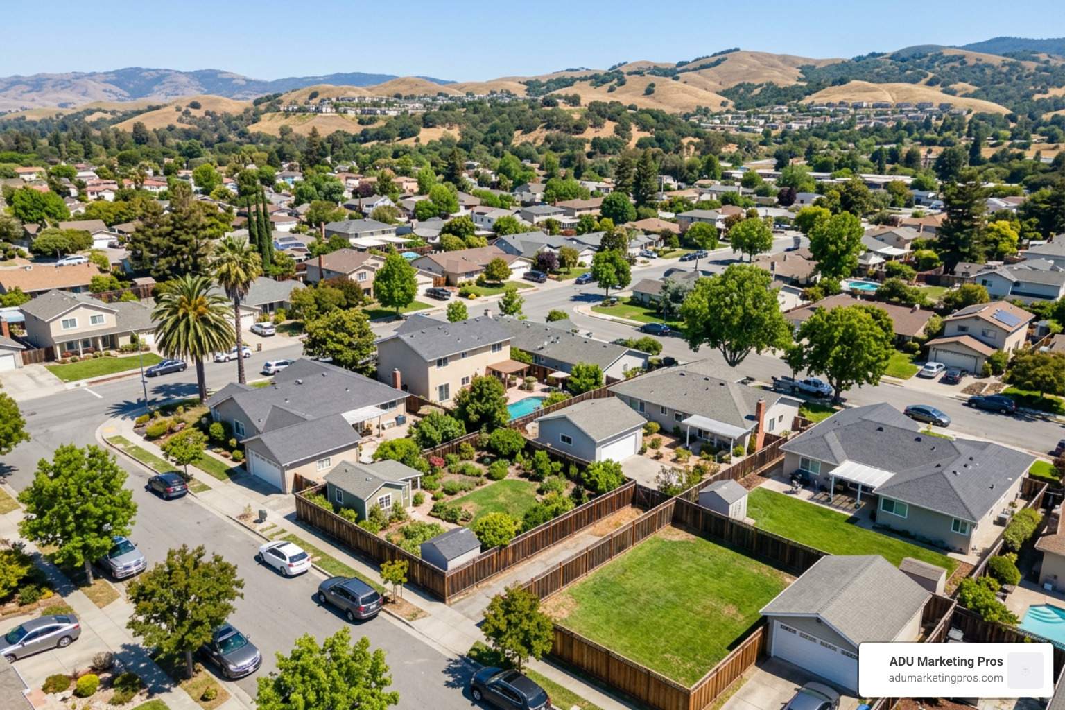 Aerial view of a San Jose residential neighborhood showing potential for ADU placement - ADU regulations San Jose Aerial view of a San Jose residential neighborhood showing potential for ADU placement - ADU regulations San Jose