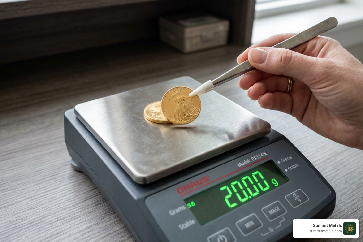gold coin being measured on a digital scale to verify 20 gram weight - gold coin 20 gm