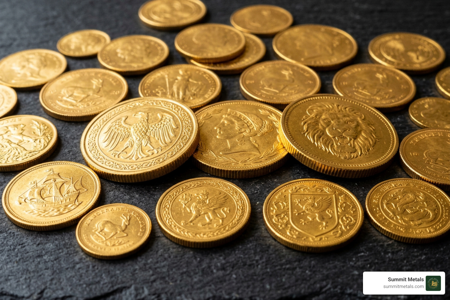gold coin 20 gm various 24K gold coins on dark background - gold coin 20 gm