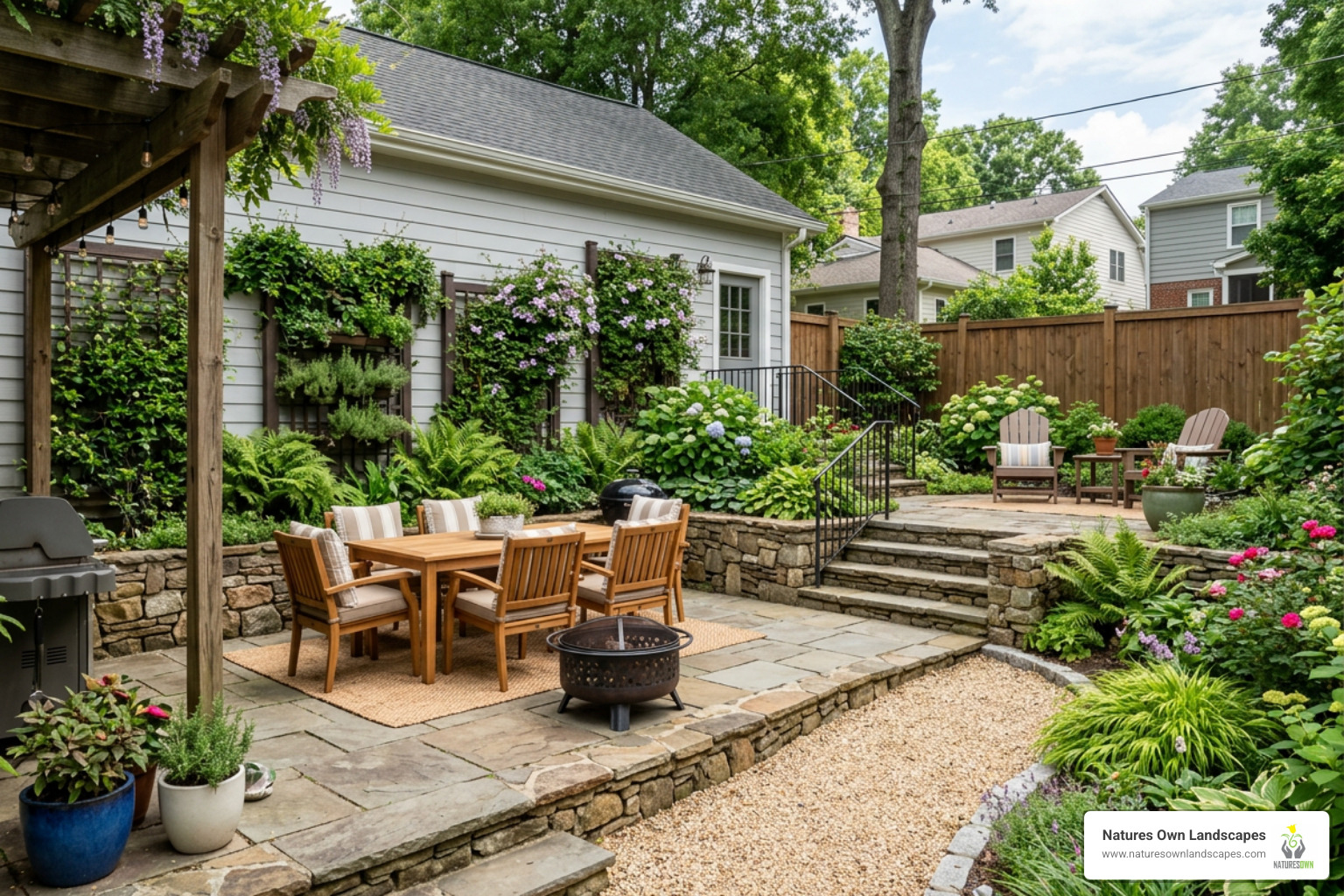 A multi-level patio featuring vertical gardens and clean stone paths - small backyard landscape ideas