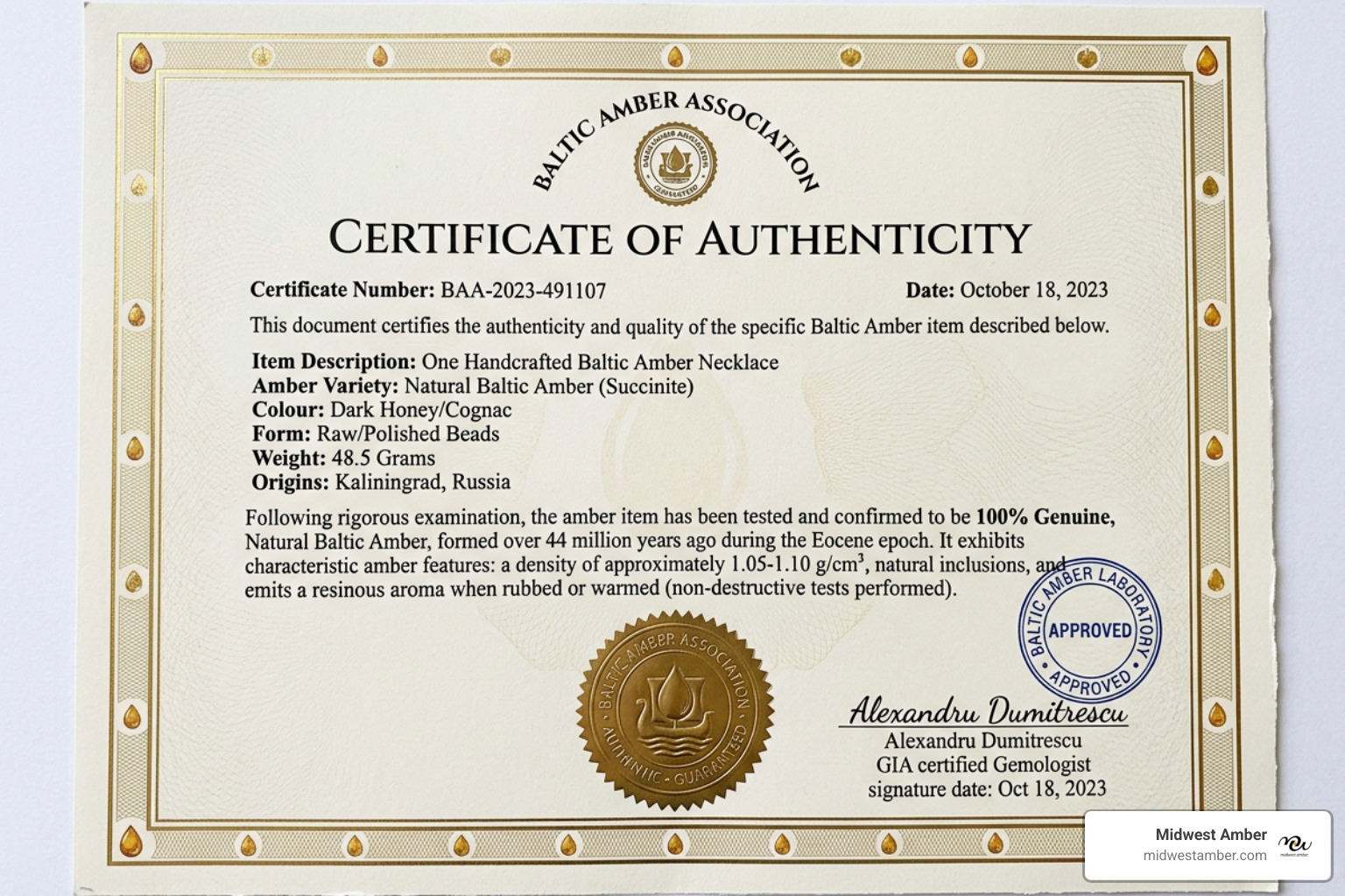 baltic amber certificate of authenticity