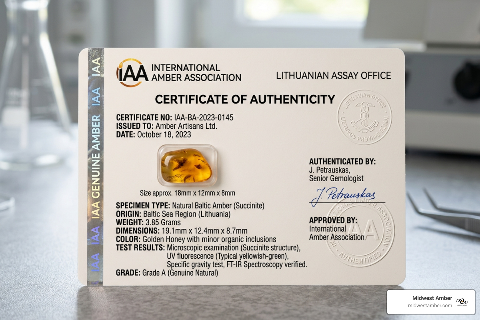 Lab-issued certificate card for Baltic amber showing origin and classification - baltic amber certificate of authenticity