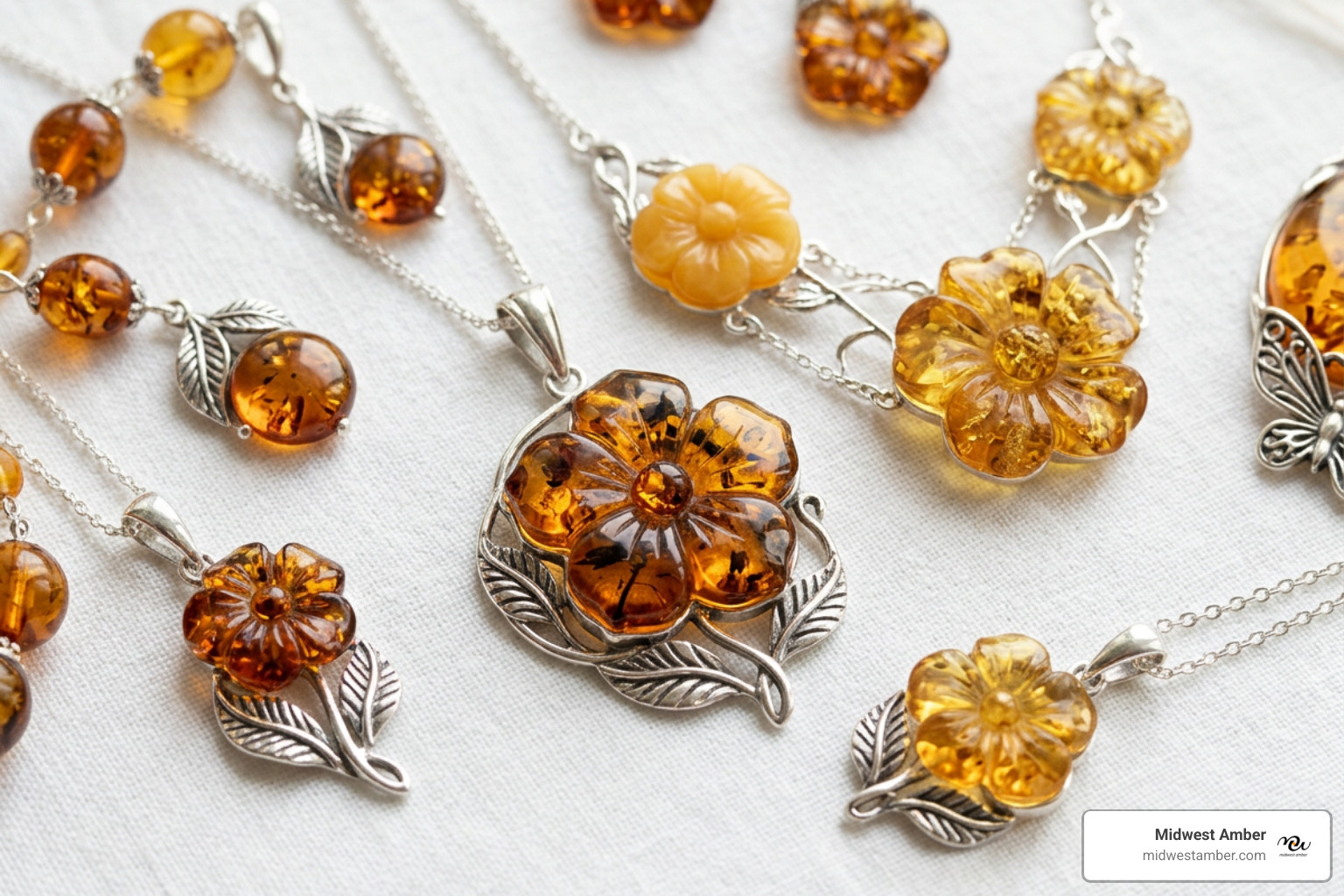 Multi-colored amber floral jewelry featuring cognac and butterscotch tones - amber flower inclusion necklace Multi-colored amber floral jewelry featuring cognac and butterscotch tones - amber flower inclusion necklace