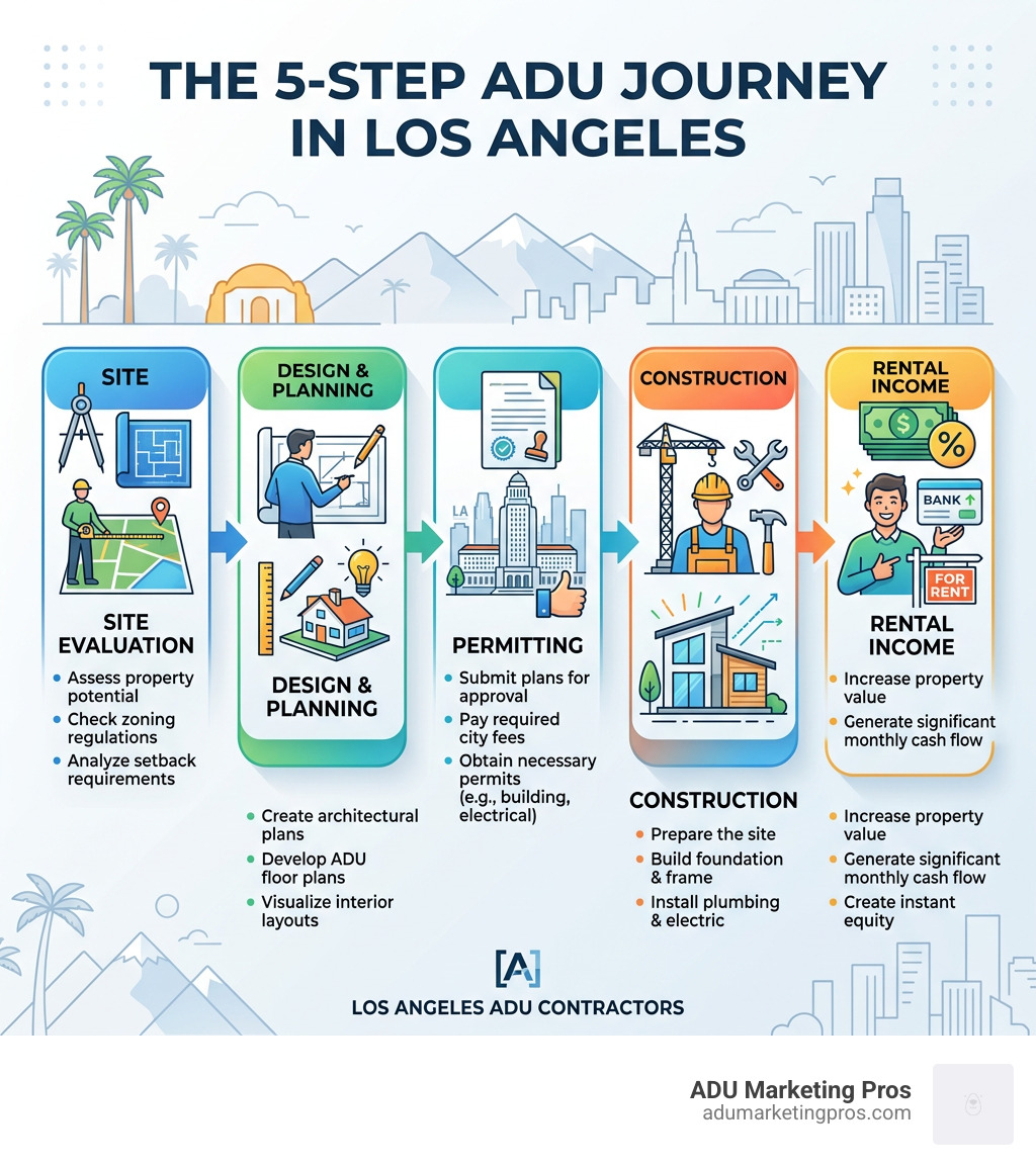 The 5-Step ADU Journey in LA: site evaluation, design, permitting, construction, rental income flowchart - los angeles adu