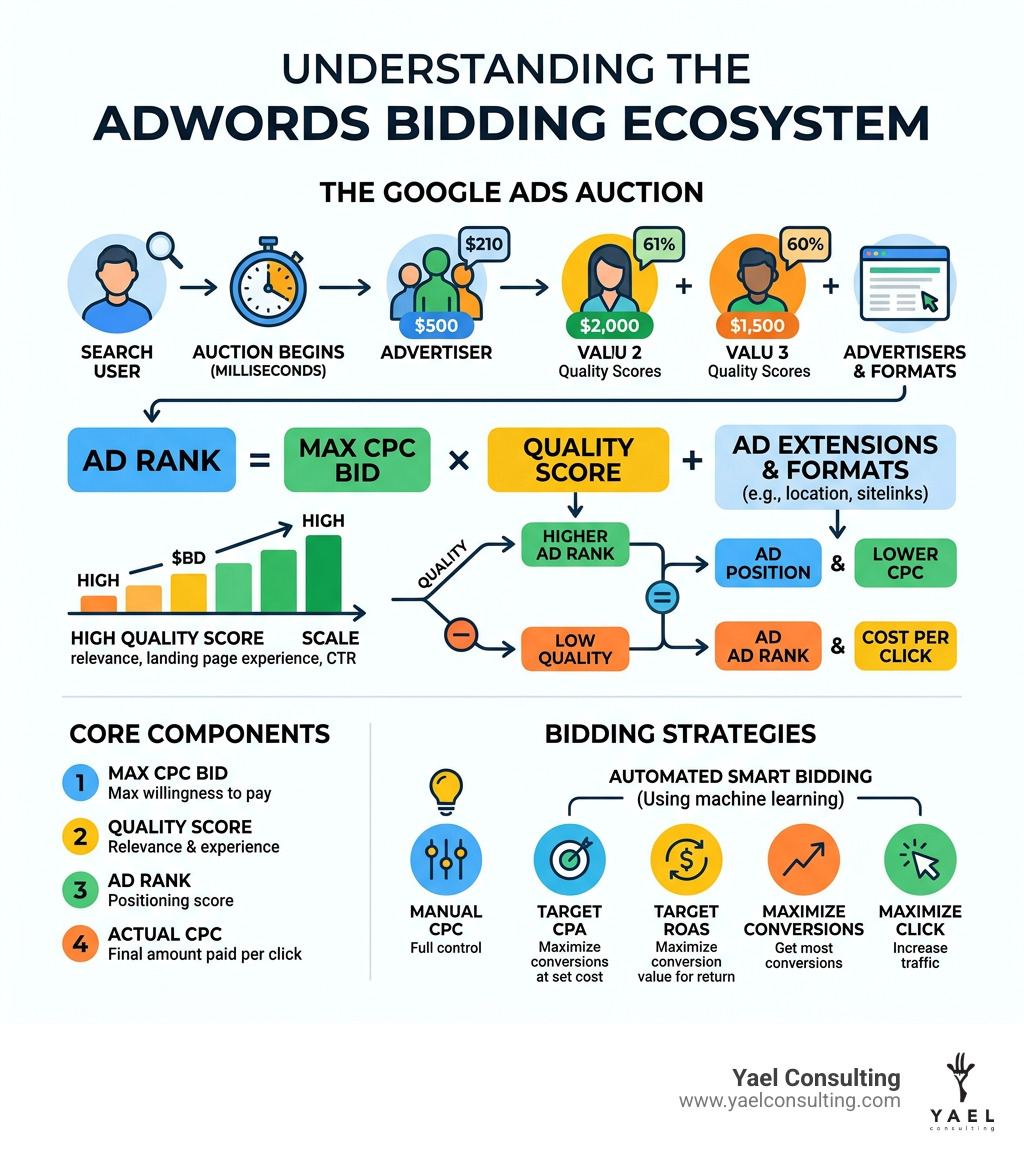 AdWords bidding ecosystem infographic showing auction process, Ad Rank, Quality Score, and bidding strategies - adwords AdWords bidding ecosystem infographic showing auction process, Ad Rank, Quality Score, and bidding strategies - adwords