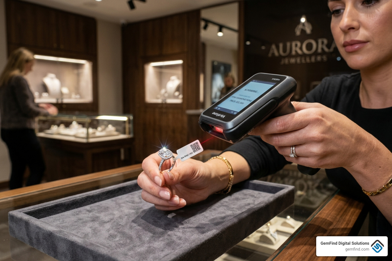Scanning a high-end diamond ring with a specialized POS scanner - jewelry store pos software