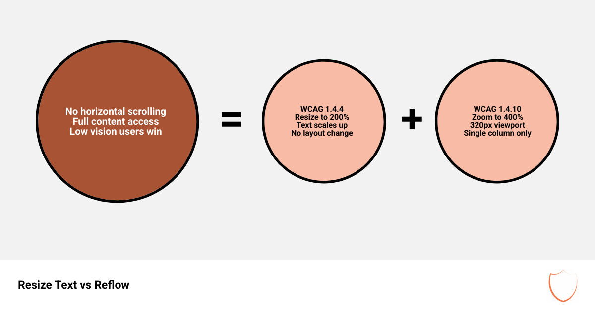 Infographic comparing WCAG 1.4.4 Resize Text and 1.4.10 Reflow: key differences, viewport sizes, and who benefits - reflow Infographic comparing WCAG 1.4.4 Resize Text and 1.4.10 Reflow: key differences, viewport sizes, and who benefits - reflow