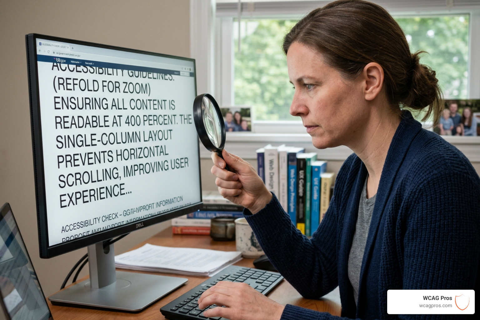 User magnifying a screen to 400 percent to check for content reflow and legibility - reflow responsive text check User magnifying a screen to 400 percent to check for content reflow and legibility - reflow responsive text check