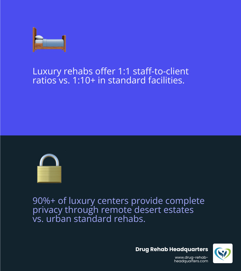 Infographic comparing luxury vs standard rehab: amenities, staff ratios, therapies, privacy, and cost - luxury addiction