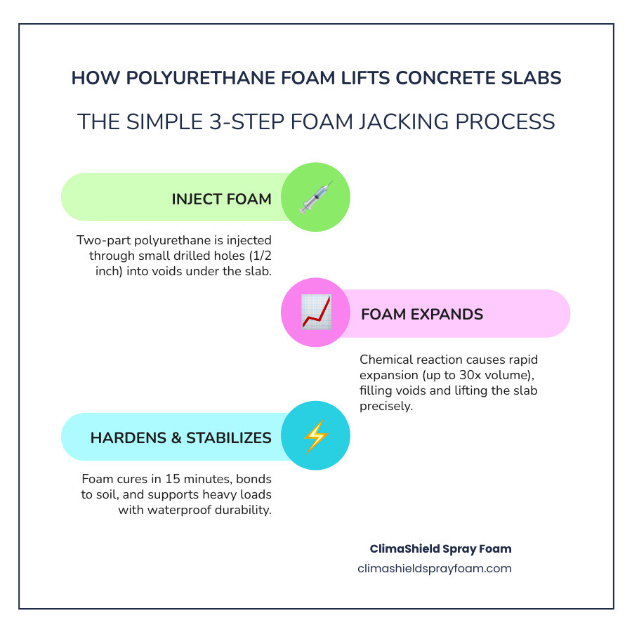Step-by-step infographic showing how polyurethane foam expands to lift a concrete slab - concrete lifting foam kit