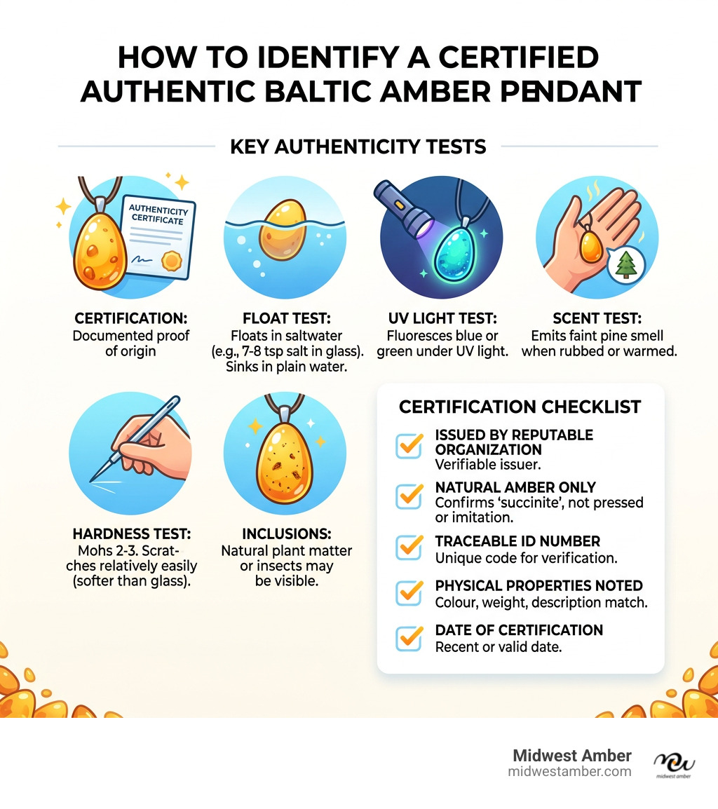 Infographic: How to identify a certified authentic Baltic amber pendant - key tests and certification checklist - certified