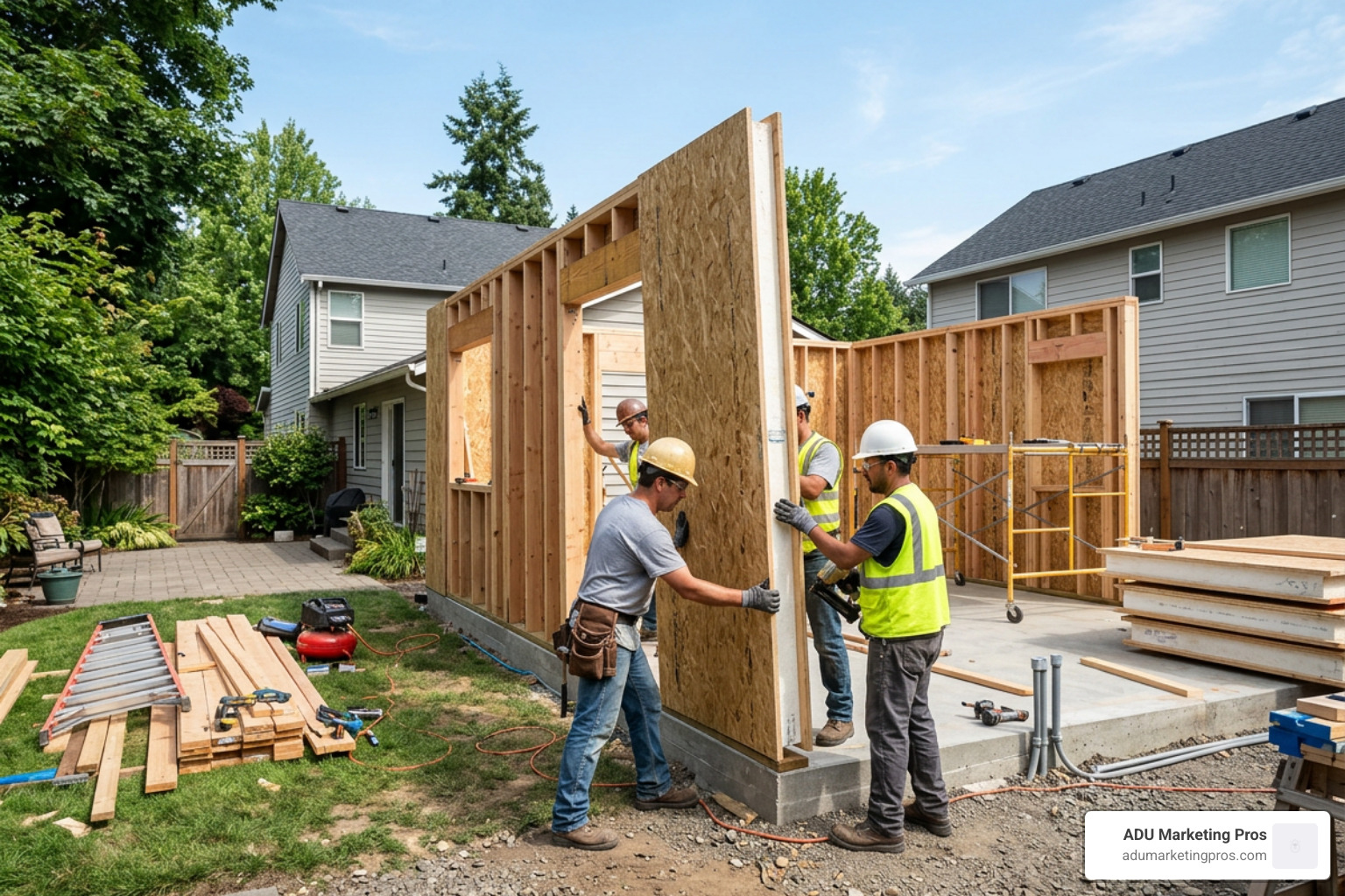 Panelized ADU kit being assembled on-site with precision-cut components - Prefab ADU kits Panelized ADU kit being assembled on-site with precision-cut components - Prefab ADU kits