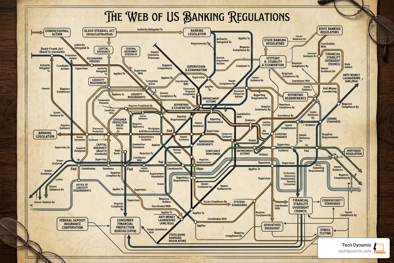 complex map showing the interconnected web of banking regulations - bank it compliance