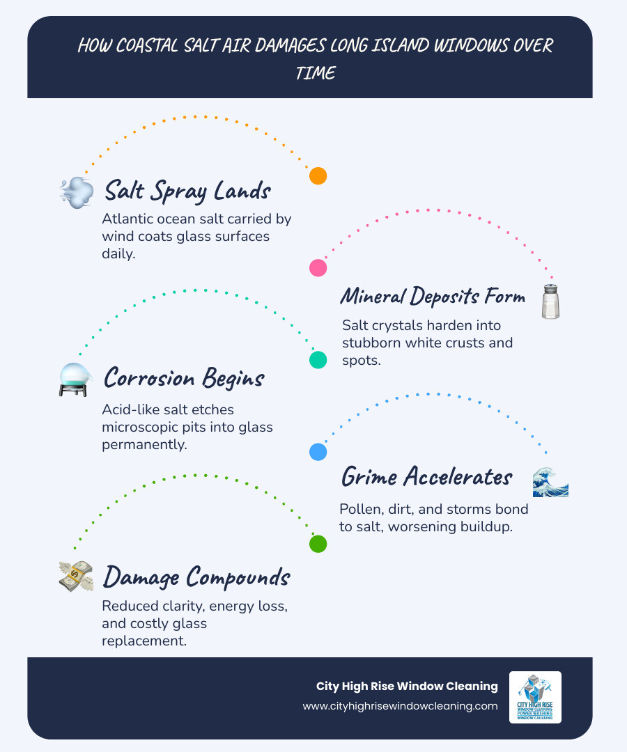 Infographic showing how coastal salt air and debris damage Long Island windows over time - window cleaning services Long Infographic showing how coastal salt air and debris damage Long Island windows over time - window cleaning services Long