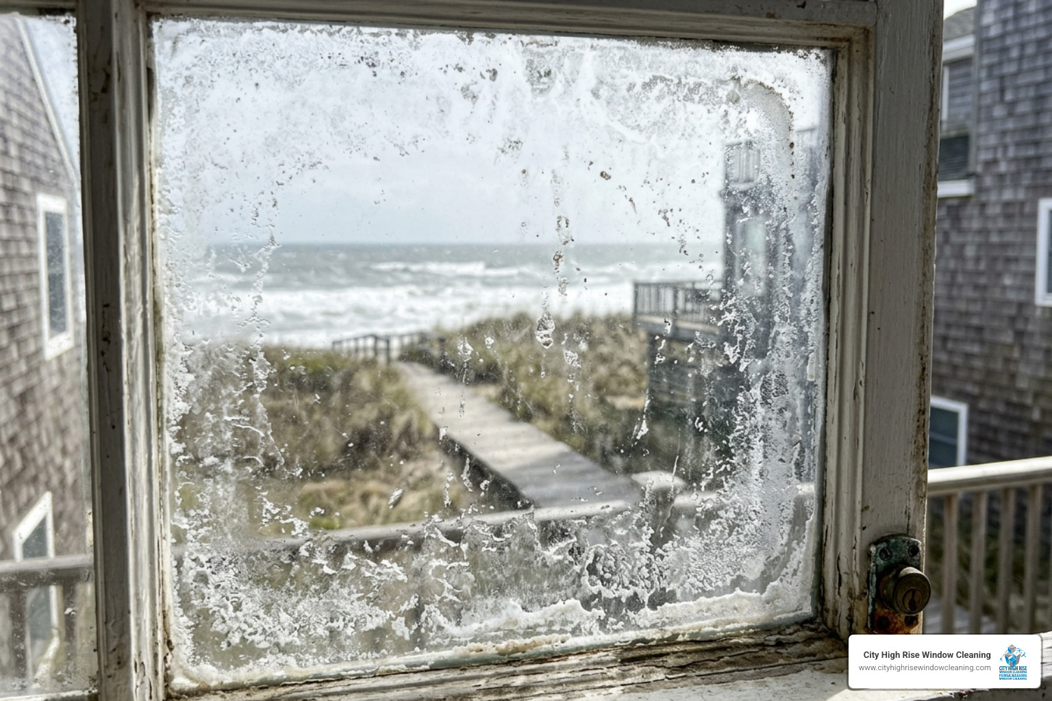 Close-up of window oxidation and salt crust damage - window cleaning services Long Island Close-up of window oxidation and salt crust damage - window cleaning services Long Island