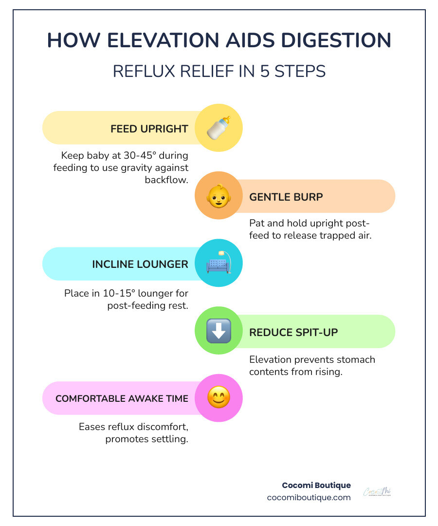 Infographic showing how ergonomic elevation in a reflux lounger aids infant digestion and reduces spit-up - lounger for baby