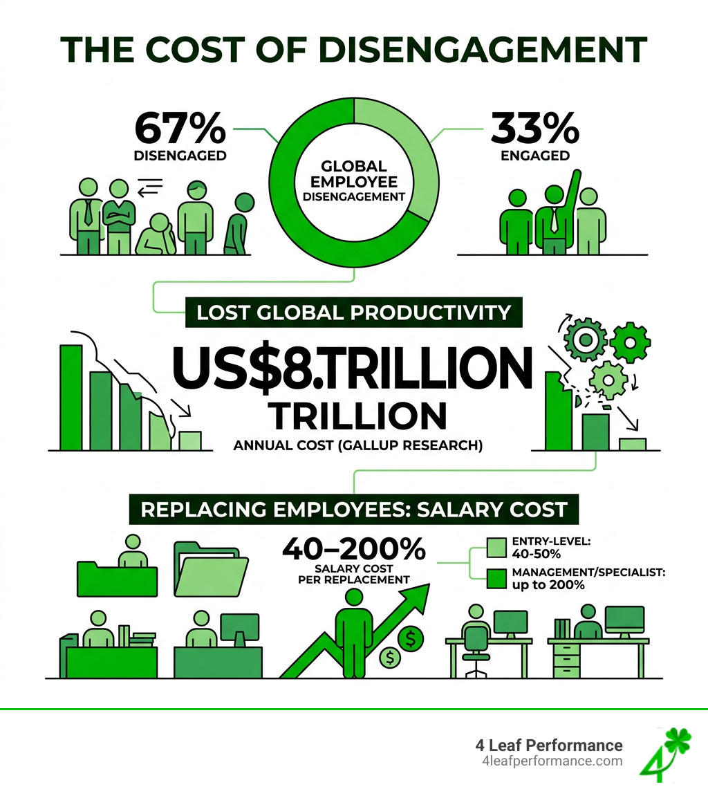 infographic showing cost of disengagement: 67% disengaged, $8.8T lost productivity, 40-200% salary cost to replace employees