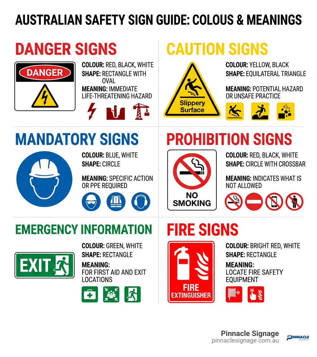 An educational Australian safety sign guide detailing the different categories of construction site warning signs, including danger, caution, and mandatory PPE requirements.