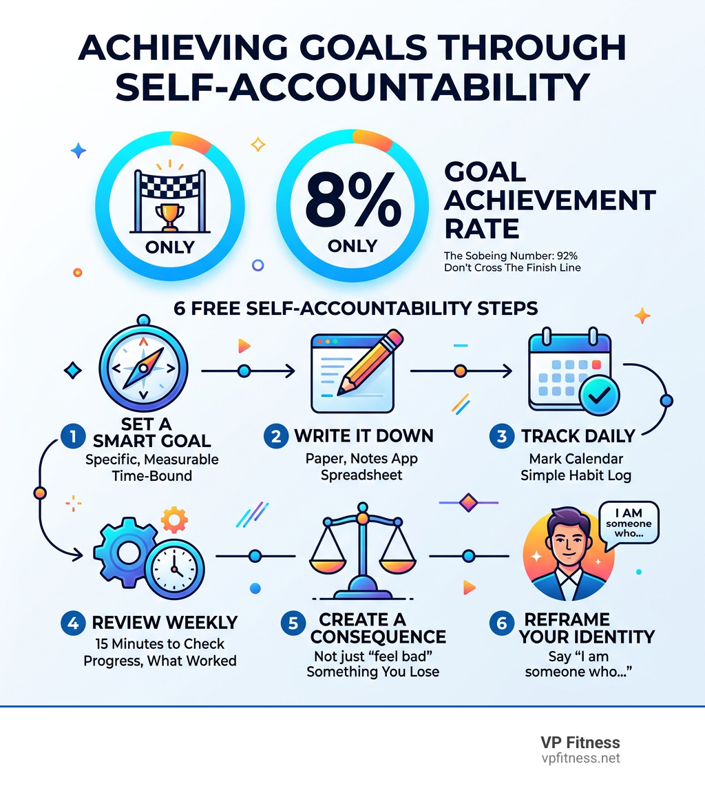Infographic showing 8% goal achievement rate and 6 free self-accountability steps - holding yourself accountable free