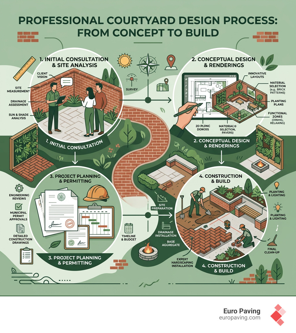 Professional courtyard design process from concept to build infographic - small brick courtyard ideas infographic Professional courtyard design process from concept to build infographic - small brick courtyard ideas infographic
