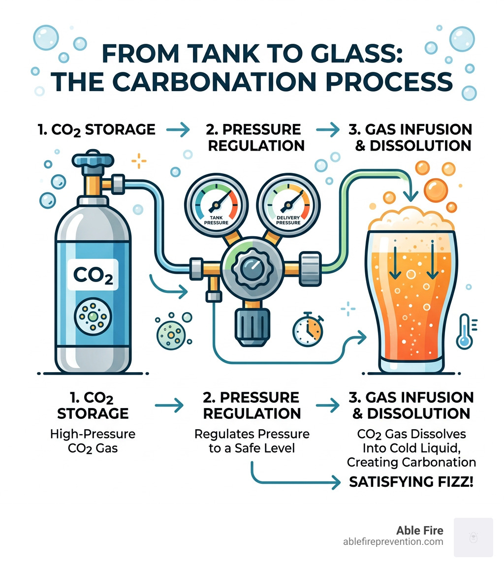 Infographic showing the carbonation process from CO2 tank through regulator to glass - CO2 for soda infographic 