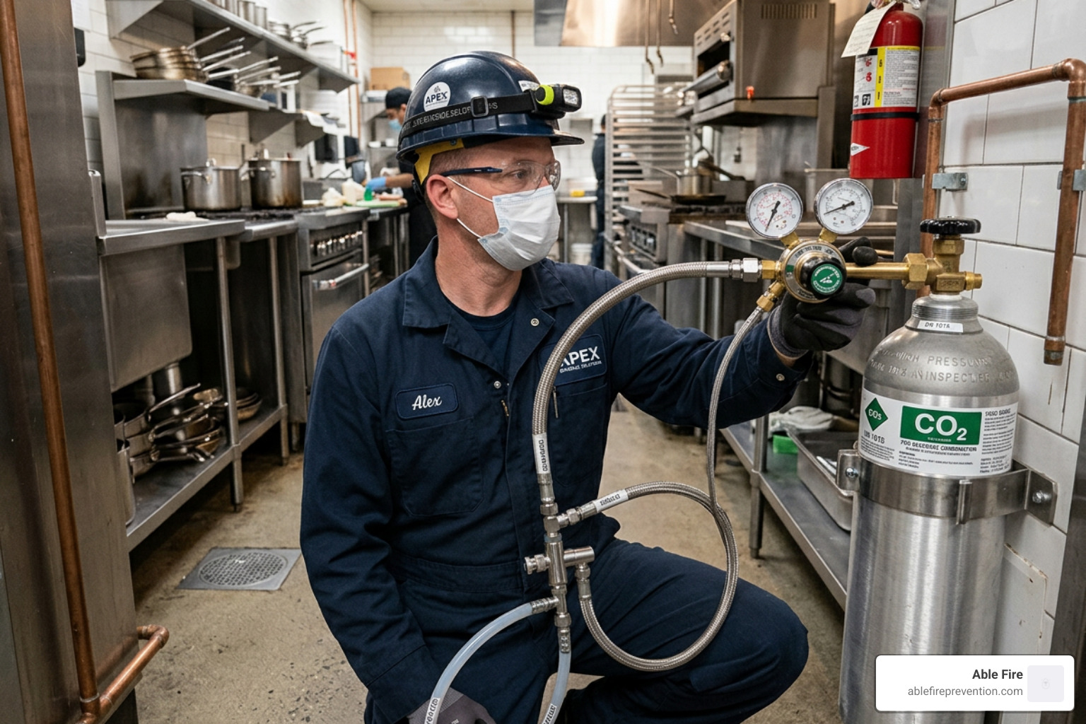 A technician inspecting a CO2 regulator and high-pressure hose assembly - CO2 for soda