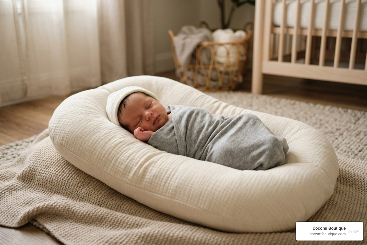 Baby resting in a womb-like cocoon environment for comfort and security - lounger for baby with reflux