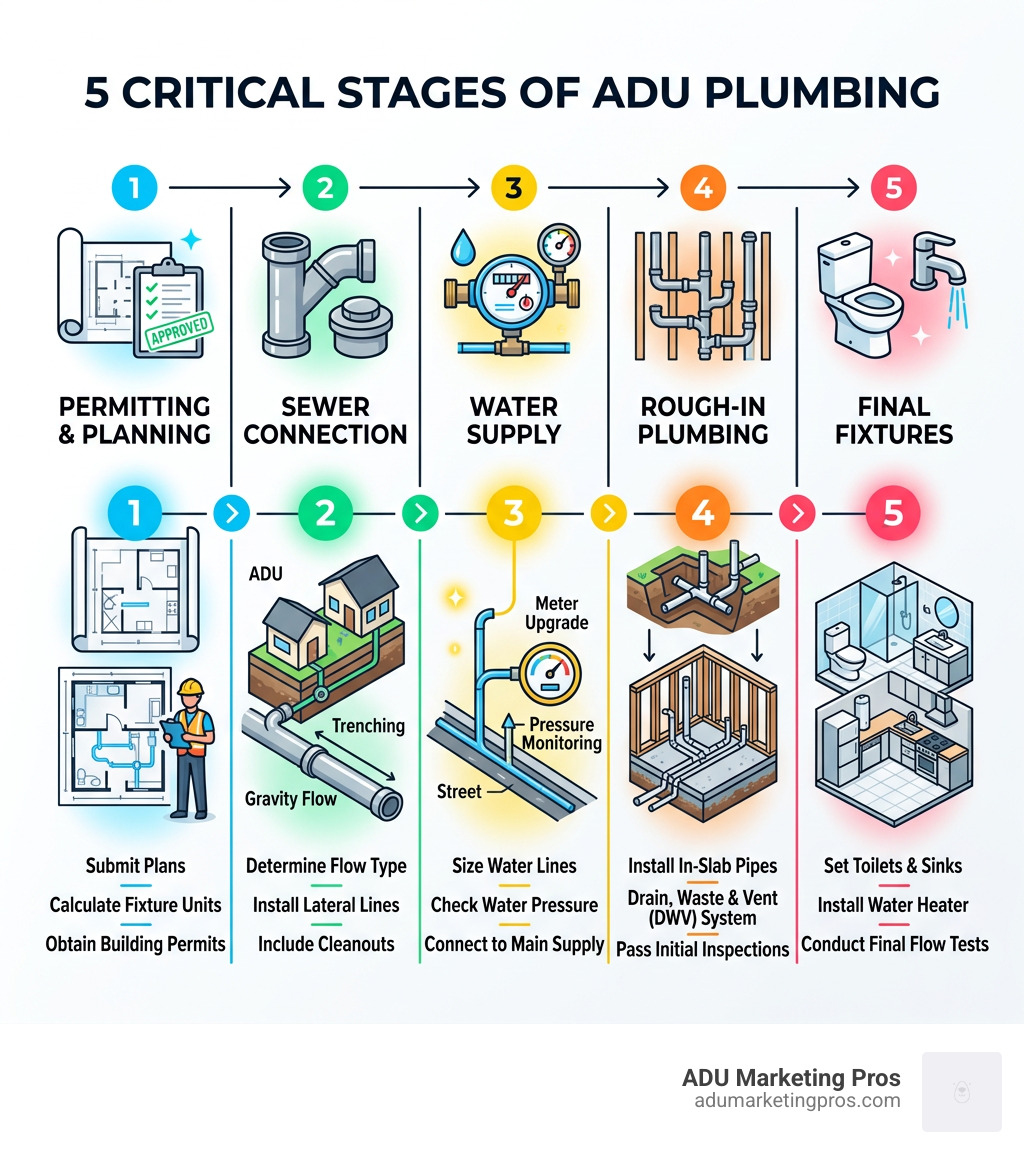 5 critical stages of ADU plumbing: permitting, sewer connection, water supply, rough-in, and final fixtures - Plumbing for