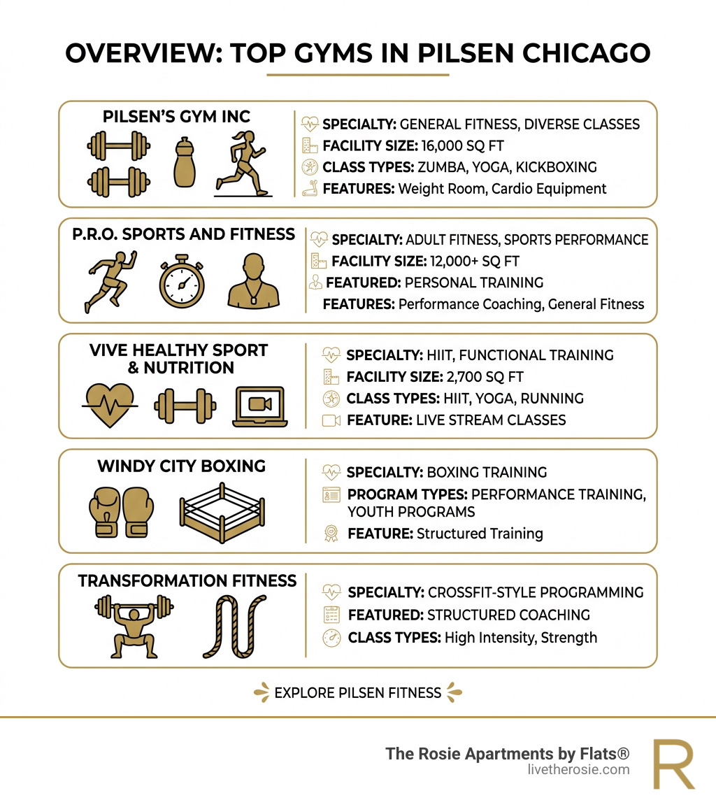 overview infographic of top gyms in Pilsen Chicago with features and class types - gyms in pilsen chicago infographic 