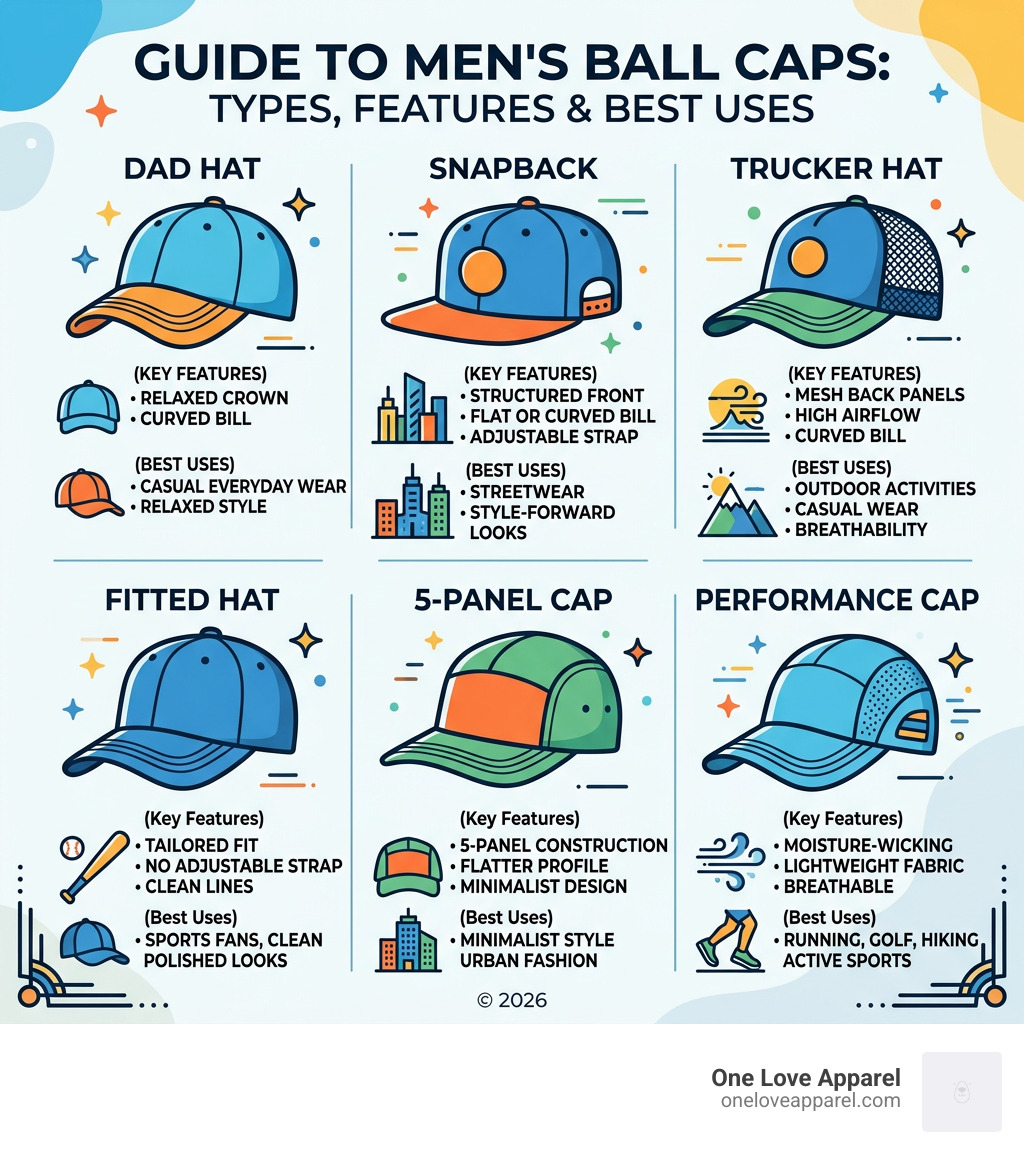 Infographic showing types of ball caps for men with key features and best uses - ball caps for men infographic 