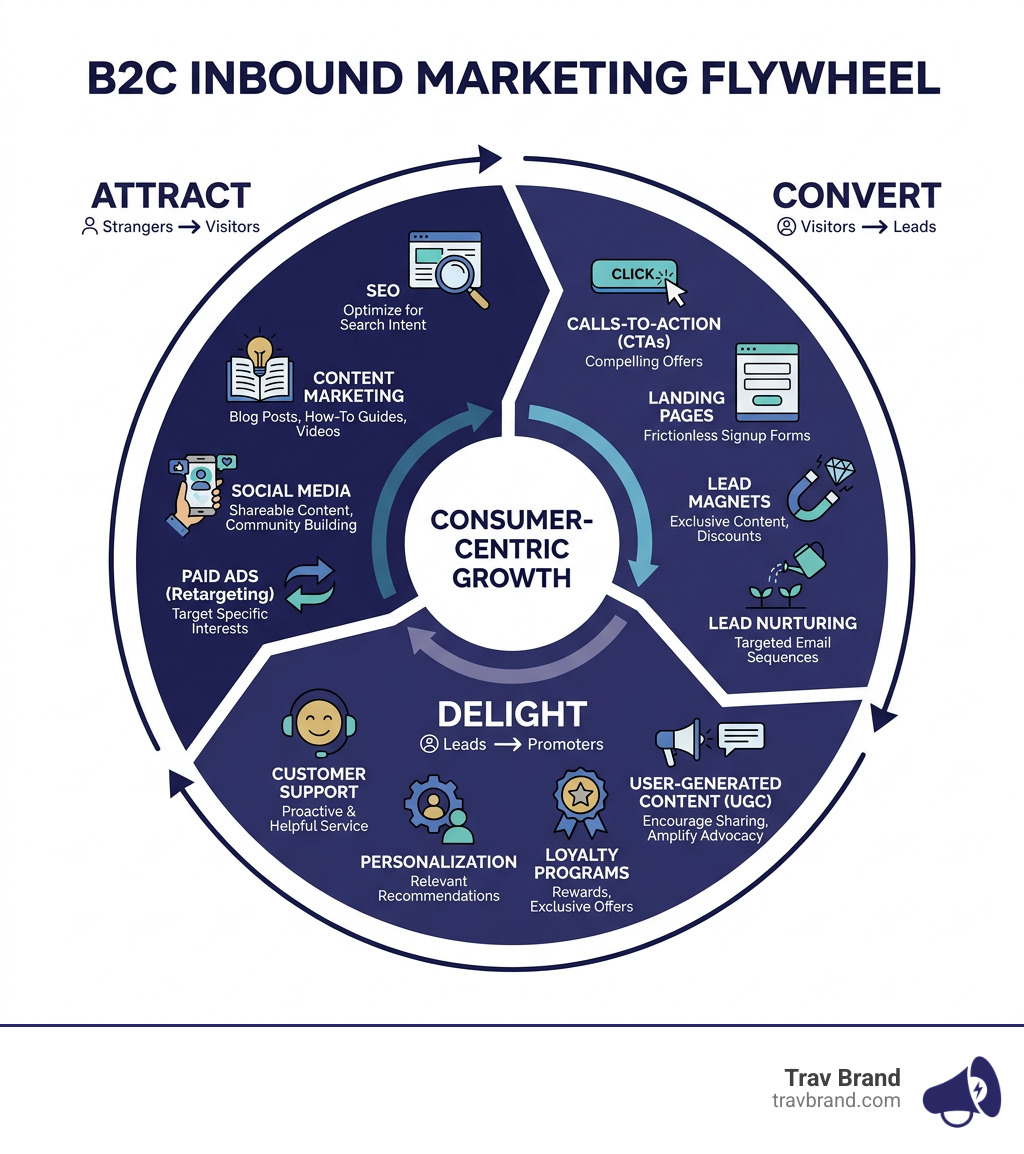 B2C Inbound Marketing Flywheel: Attract, Convert, Delight stages with key tactics at each phase - b2c inbound marketing