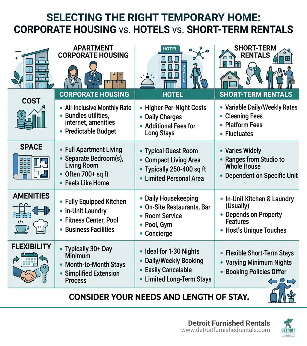 Infographic comparing corporate housing vs hotels vs short-term rentals: cost, space, amenities, flexibility - apartment Infographic comparing corporate housing vs hotels vs short-term rentals: cost, space, amenities, flexibility - apartment